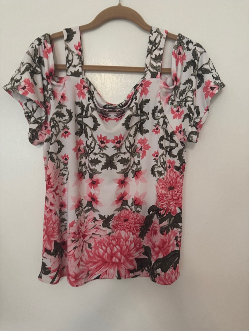 INC International Concepts Pink Floral Cold-Shoulder Tee with Black Vine Print